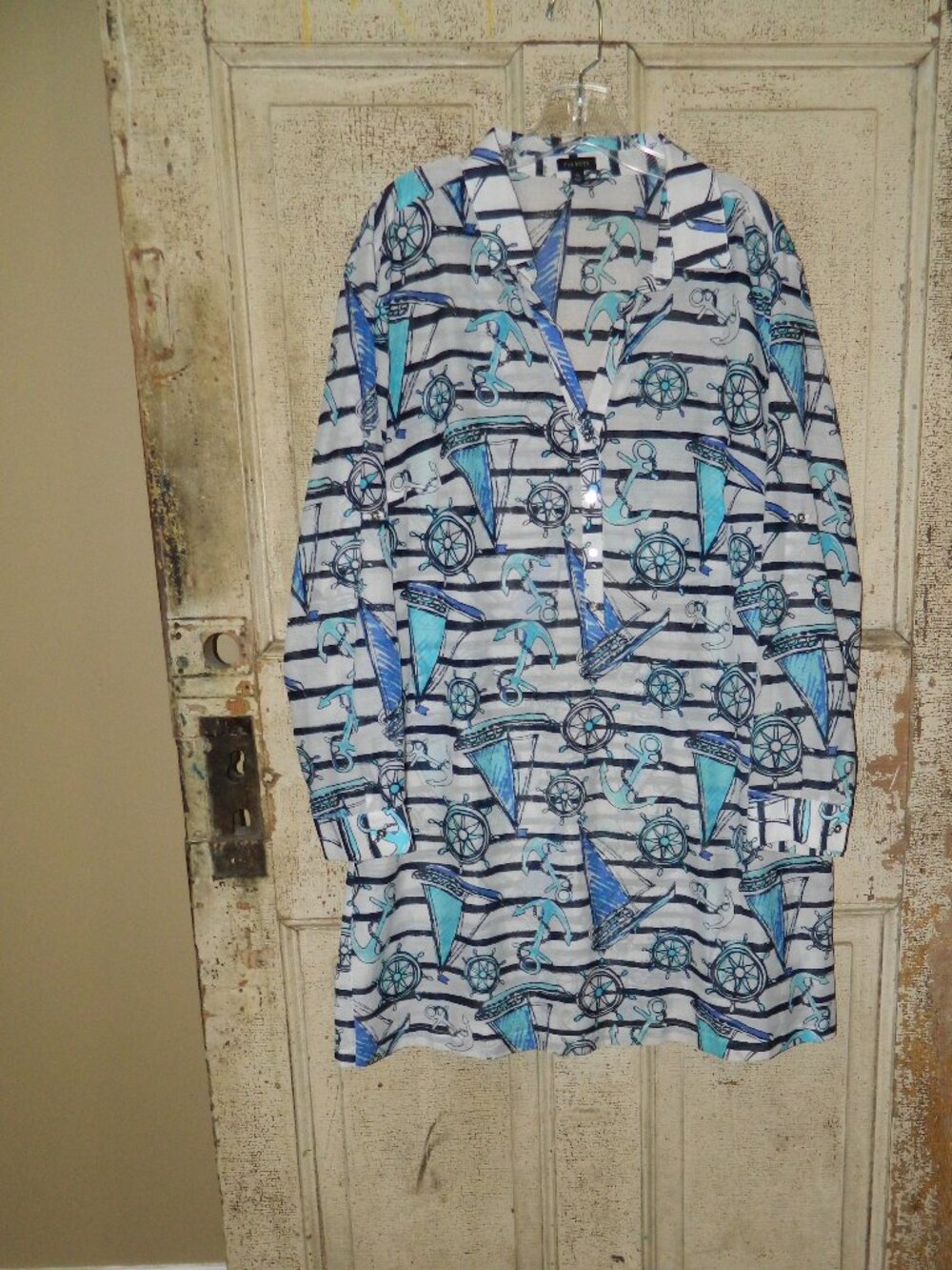 Talbots Anchor Sailboat Nautical Semi Sheer Tunic Top Sz XL (FF-6)